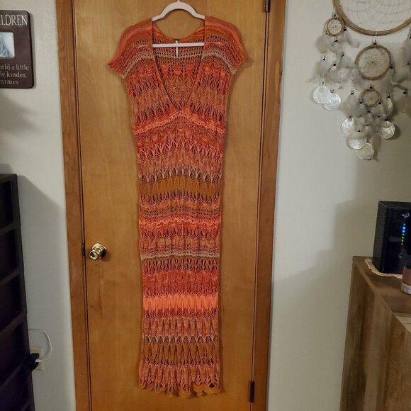 Free People Into The Flames Crochet Maxi Tunic Dress Cover-up Size M/L EUC - Picture 4 of 8